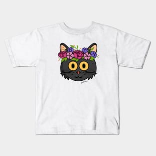 Black kitty with flower crown! Kids T-Shirt